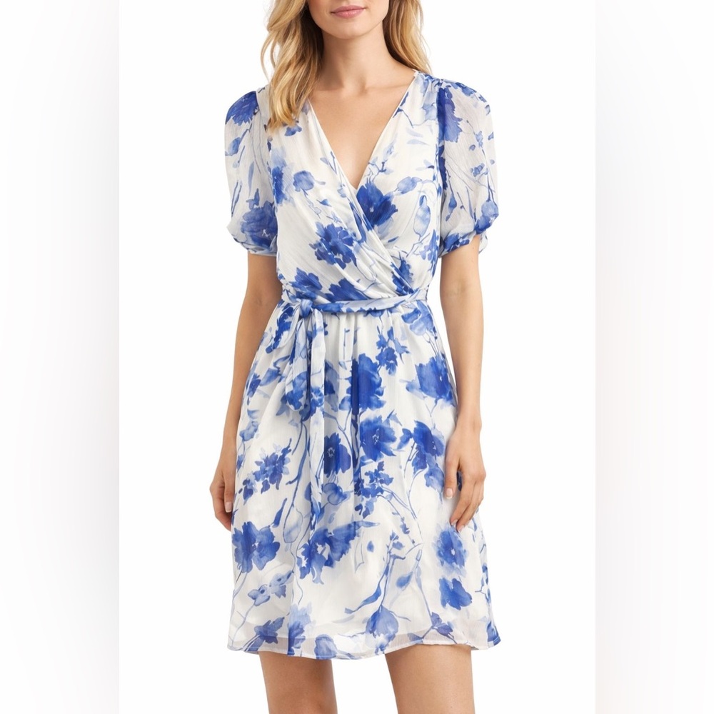 DKNY White and Blue Floral Wrap Midi Dress